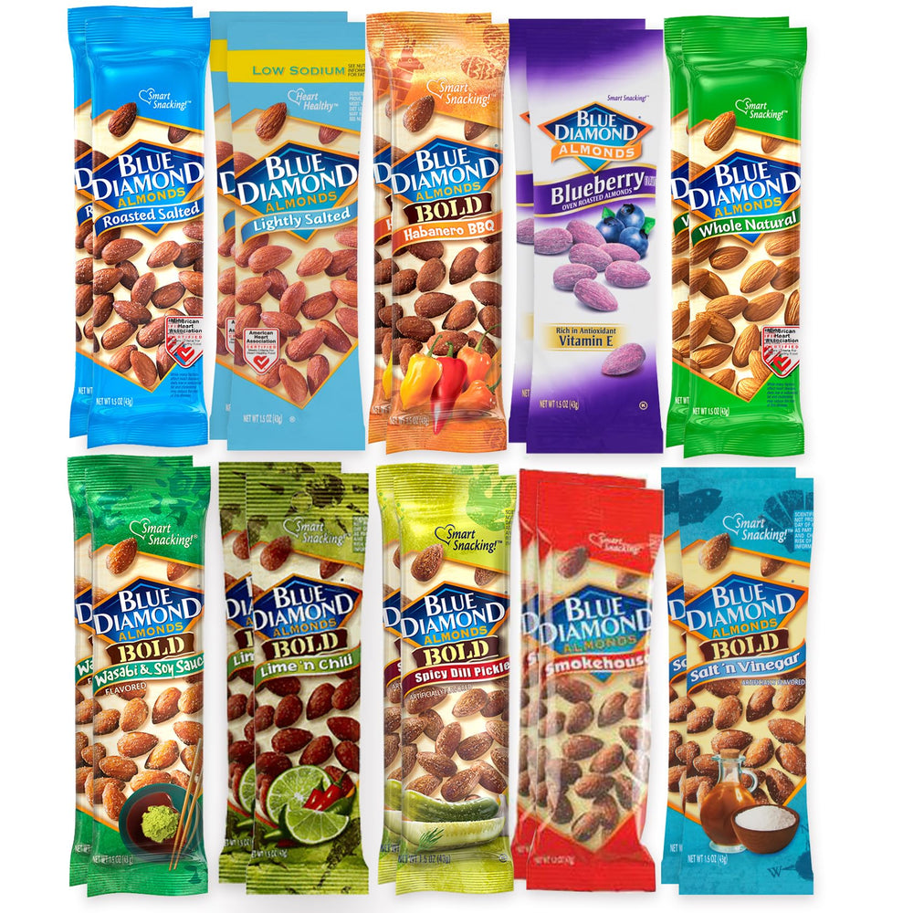 The Hampton Candy Company almond variety pack front view, ideal for on-the-go snacking.