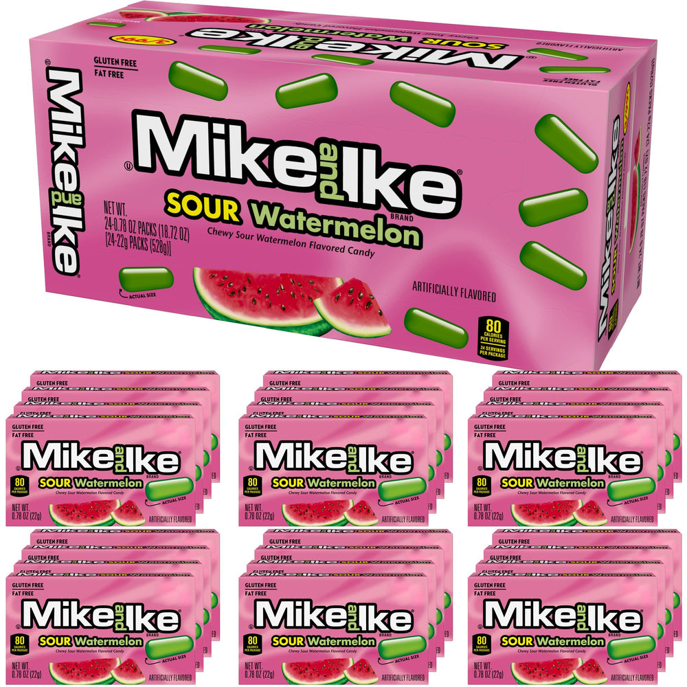 The Hampton Candy Company Mike and Ike Sour Watermelon 24-pack box display for sharing.