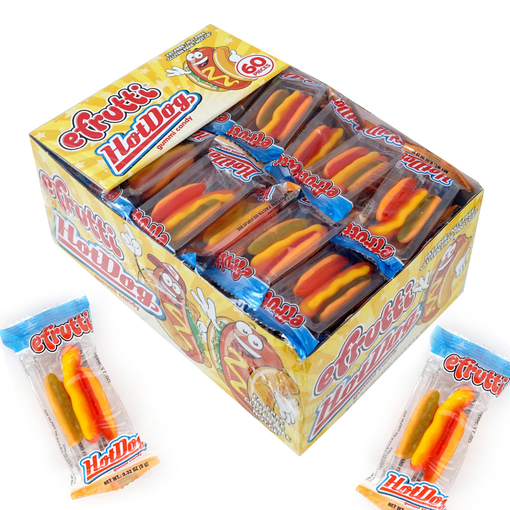 The Hampton Candy efrutti gummi hot dogs display box ready for sharing at parties.