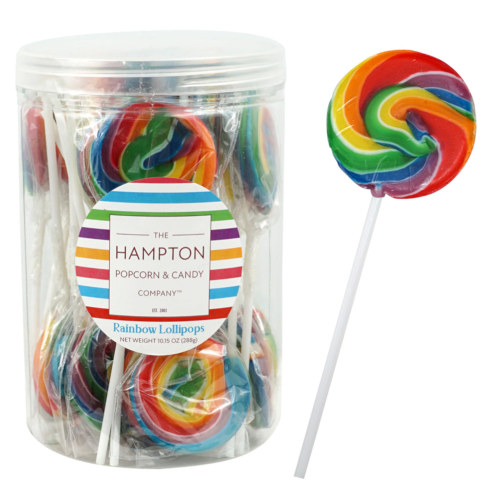 The Hampton Rainbow Swirl Lollipops on a sturdy stick, ideal for party favors
