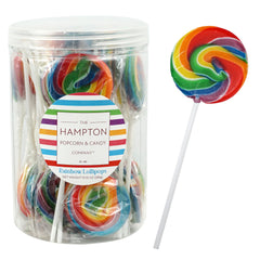 The Hampton Rainbow Swirl Lollipops on a sturdy stick, ideal for party favors
