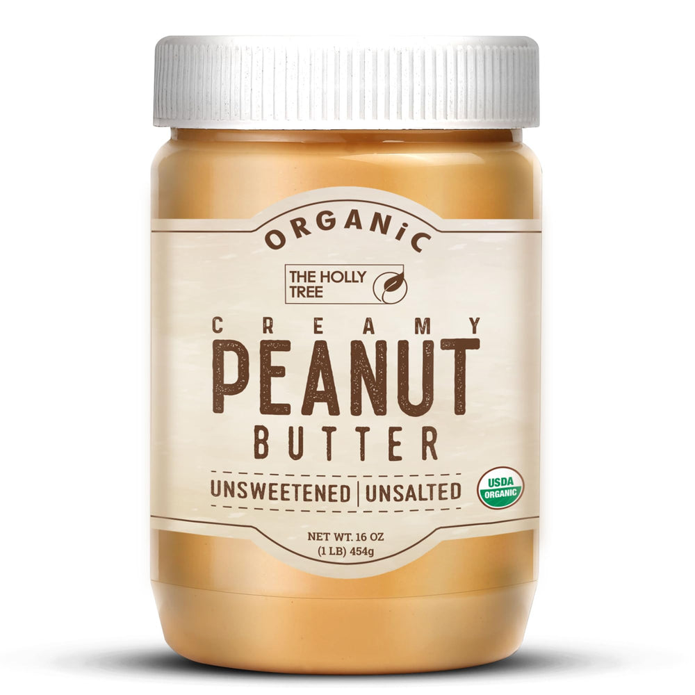 The Holly Tree Organic Creamy Peanut Butter jar shows smooth texture and organic ingredients.