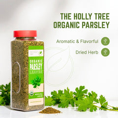 The Holly Tree parsley flakes dried jar close-up with vibrant green flakes