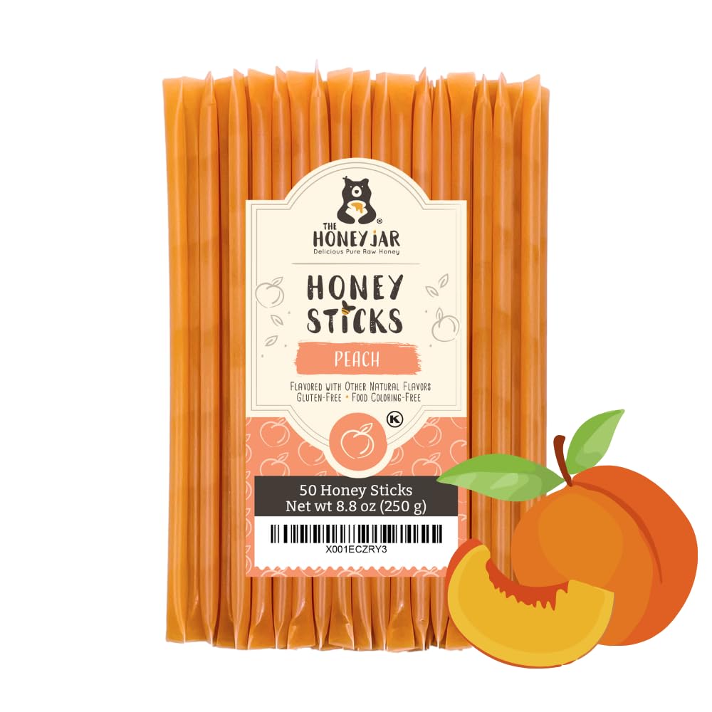 The Honey Jar Peach Flavored Honey Sticks packaging close-up, showcasing premium local honey quality for tea