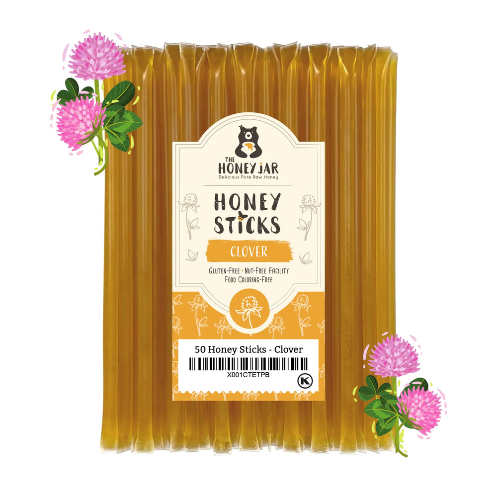 The Honey Jar Plain Honey Sticks box highlights convenient 50-count packaging for on-the-go sweetness.