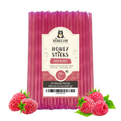 The Honey Jar raspberry honey stick packaging for easy on-the-go sweetness.