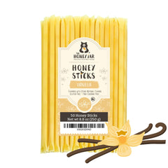 The Honey Jar vanilla flavored honey sticks in packaging, ideal for on-the-go sweetness.