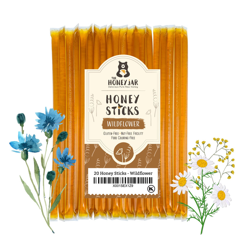 The Honey Jar Wildflower Honey Sticks pack ready to grab-and-go for tea and coffee.