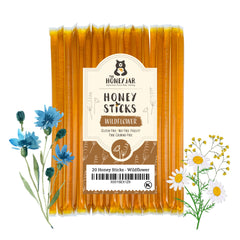 The Honey Jar Wildflower Honey Sticks pack ready to grab-and-go for tea and coffee.