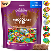 The Madelaine Chocolate Company milk chocolate mini fish in colorful Italian foil, ideal for gifting.