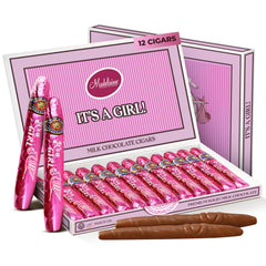 The Madelaine Chocolate Company Madelaine Solid Premium Milk Chocolate Cig with pink foil, ideal baby shower favor.