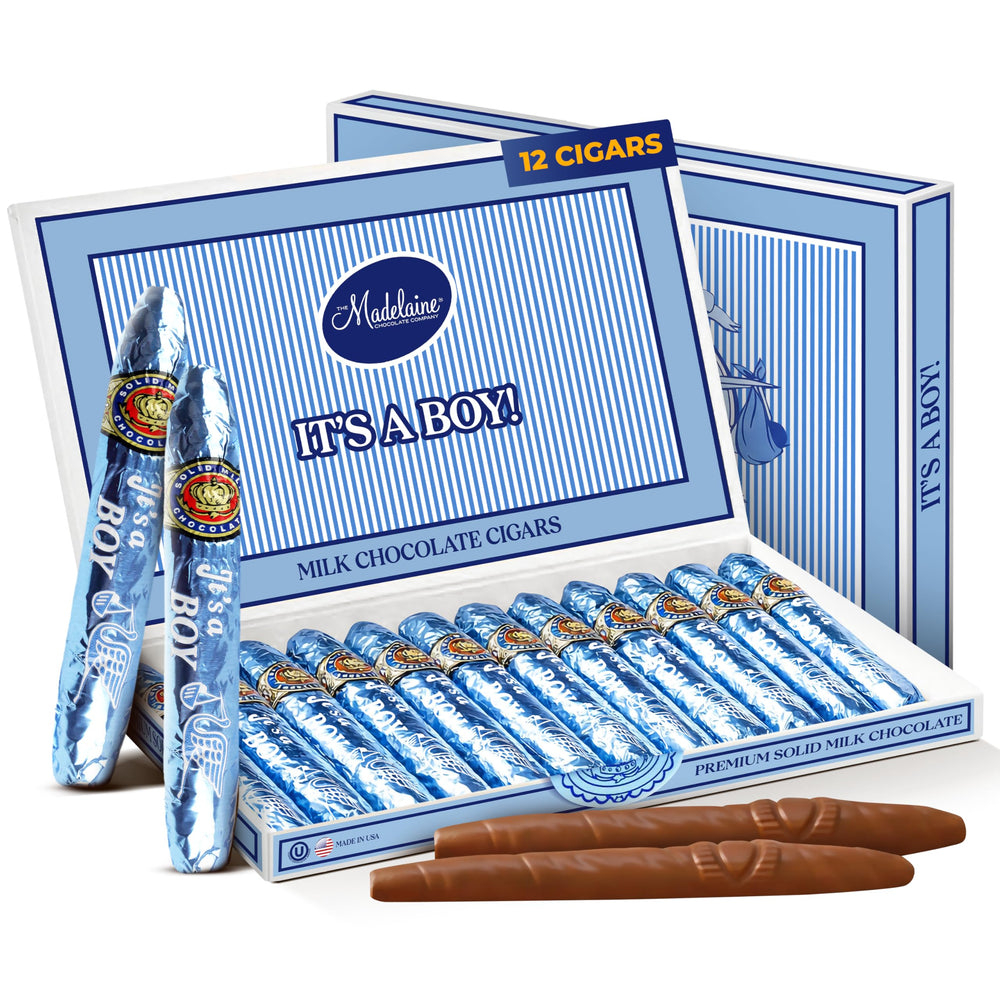 The Madeleine solid milk chocolate cigar in blue foil box for baby shower favors.