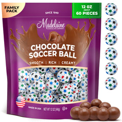 The Madelaine Chocolate Company soccer balls close-up showing creamy milk chocolate in sporty wrappers.
