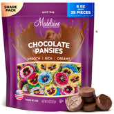 The Madelaine Chocolate Company pansy milk chocolate wrapped in colorful foil, ideal for gifting.
