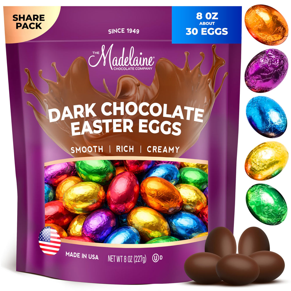 The Madelaine Chocolate Company Easter eggs with jewel-tone foil for gift-ready presentation.