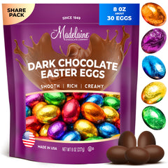 The Madelaine Chocolate Company Easter eggs with jewel-tone foil for gift-ready presentation.