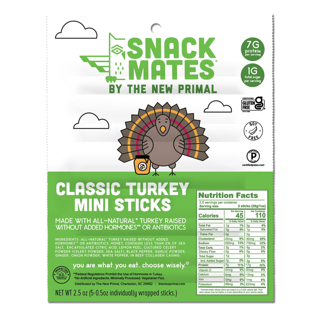 The New Primal Snack Mates turkey stick, all-natural, ideal for kids' snacks