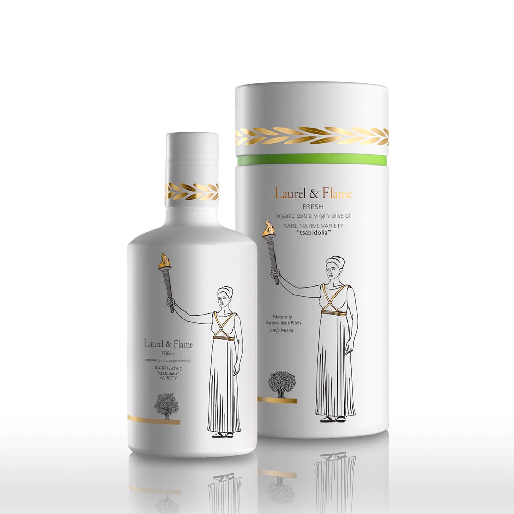 The Olive Temple Laurel & Flame Fresh bottle front, premium Greek EVOO for cold dishes.