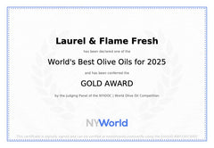 Laurel & Flame Fresh bottle pour showing smooth, vibrant EVOO.