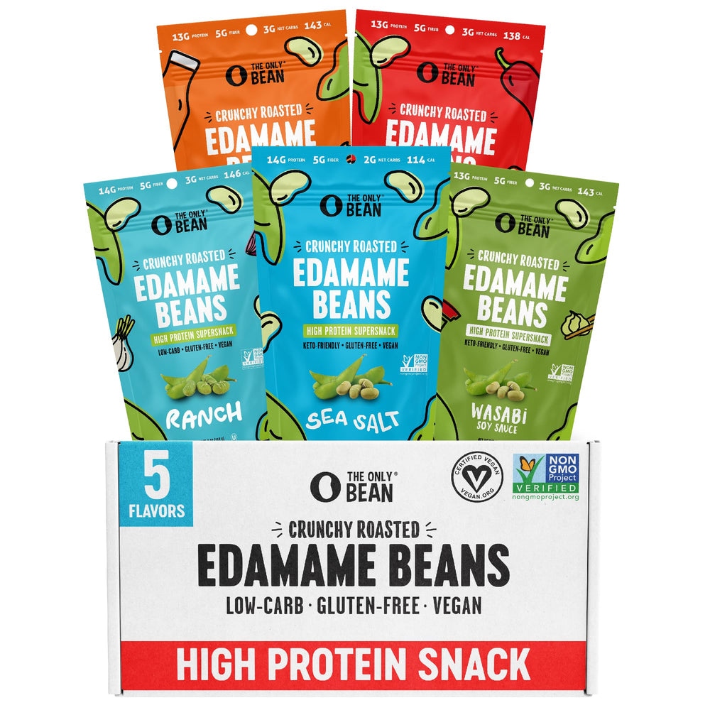 The Only Bean Crunchy Edamame Sea Salt 4oz bag, protein-packed snack.