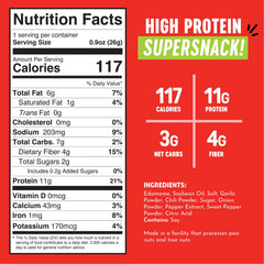 The Only Bean Crunchy Edamame Sriracha back emphasizes keto-friendly, low-carb snacking.