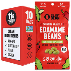 The Only Bean Crunchy Edamame Sriracha pack front highlights a high-protein snack option.