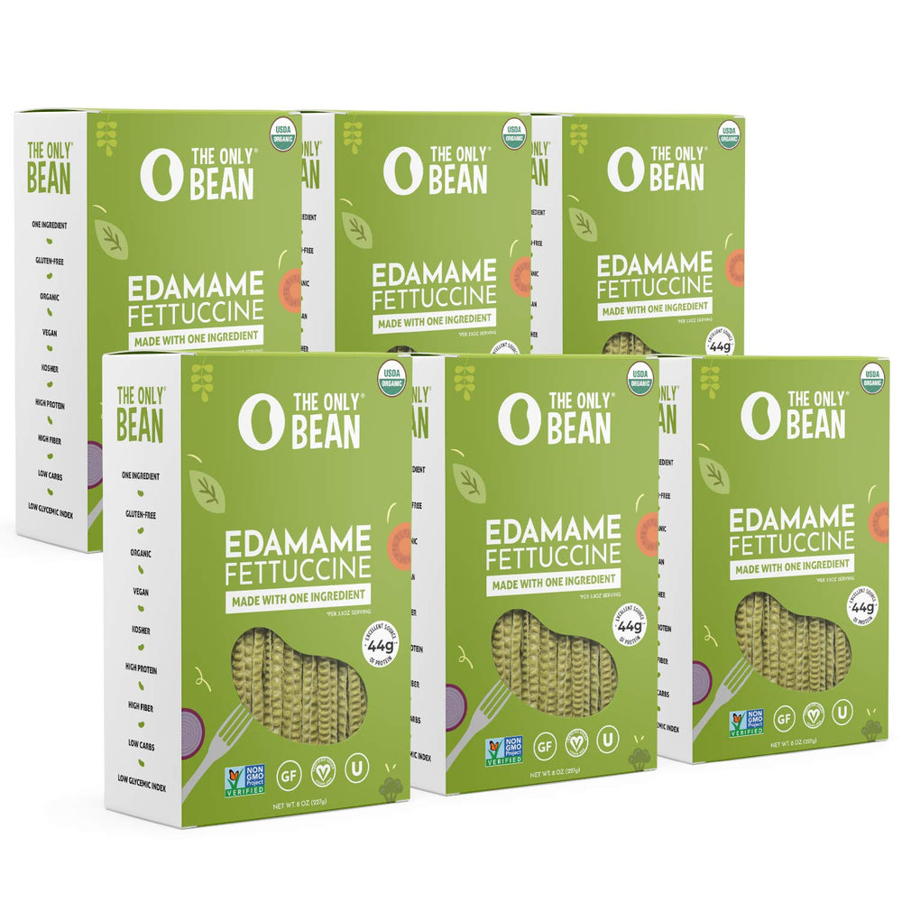 The Only Bean edamame fettuccine pack shot showing organic, gluten-free noodles for versatile meals.