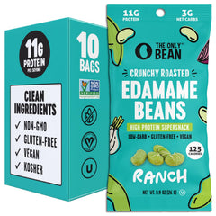 The Only Bean Ranch edamame pack of 10 viewed in a row, convenient protein on the go.