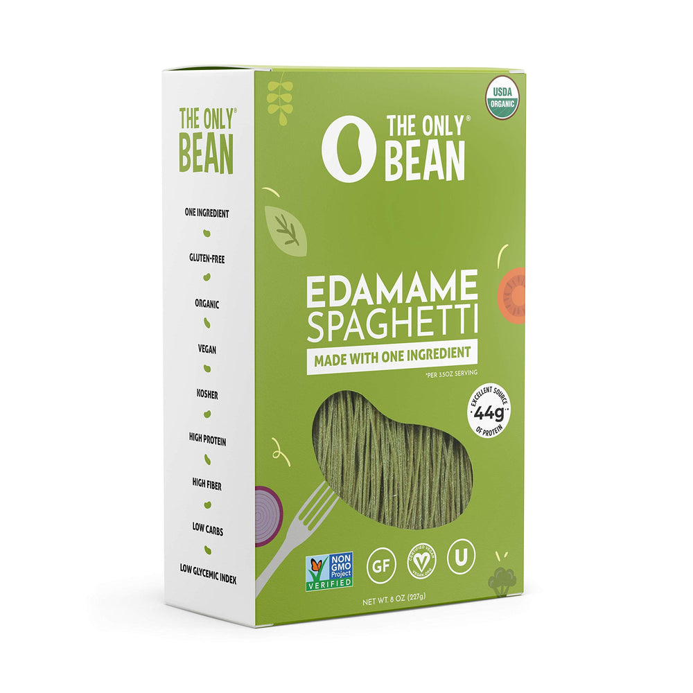 The Only Bean Edamame Spaghetti pack ready to simmer, a protein-rich plant-based option.
