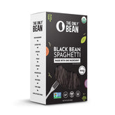 The Only Bean organic black bean spaghetti packaging with organic certification and nutrition highlights.