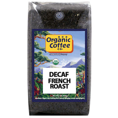 The Organic Coffee Co. decaf French roast packaging highlights USDA Organic quality for easy everyday coffee.