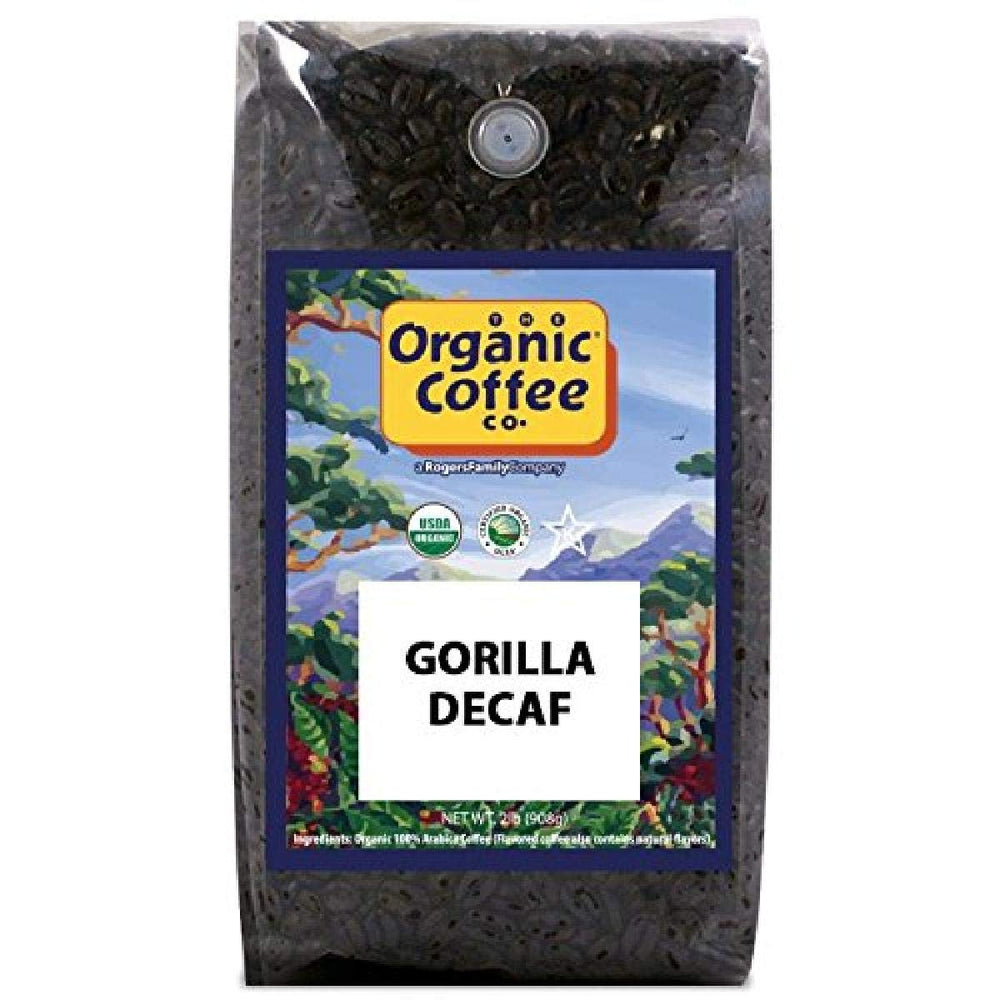 The Organic Coffee Co. Gorilla Decaf whole bean 2lb packaging highlights eco-friendly sourcing.