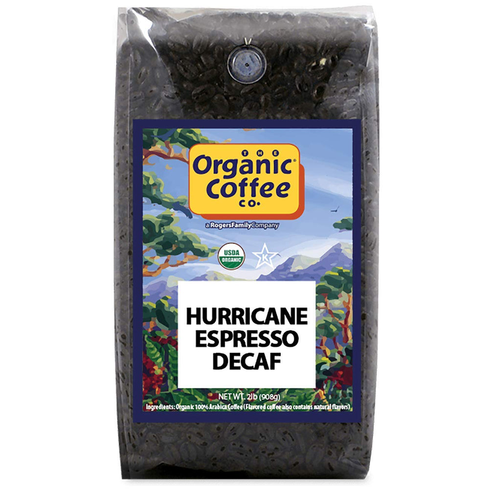 The Organic Coffee Co Hurricane Espresso Decaf whole bean bag for rich home brewing.