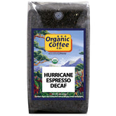 The Organic Coffee Co Hurricane Espresso Decaf whole bean bag for rich home brewing.