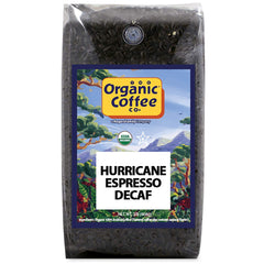 The Organic Coffee Co Hurricane Espresso Decaf whole bean bag for rich home brewing.