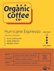 The Organic Coffee Co Hurricane Espresso packaging highlighting USDA Organic certification