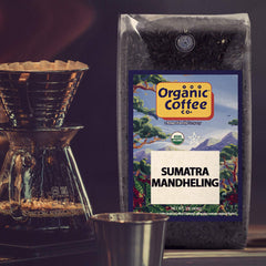 The Organic Coffee Co. Sumatra Mandheling packaging, ready to ship in USA-roasted batch.