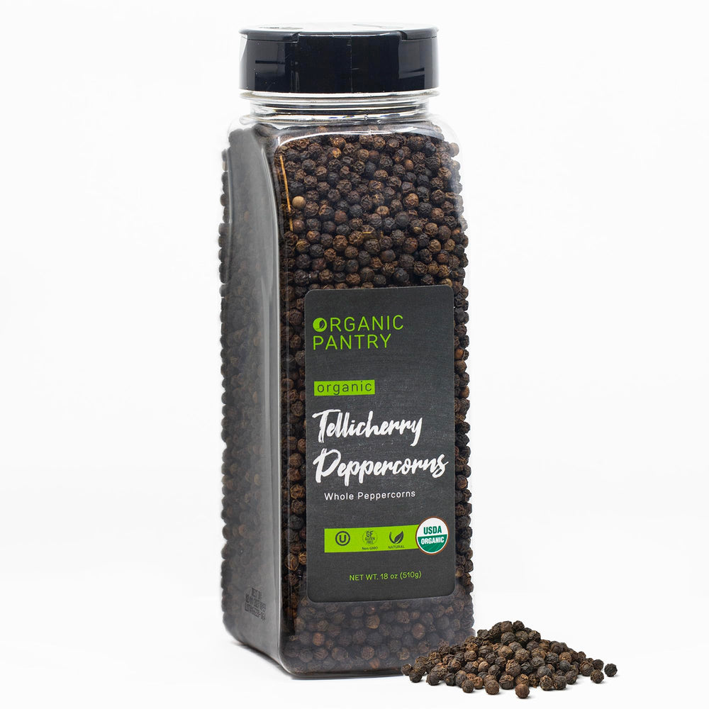 THE ORGANIC PANTRY peppercorns in 18oz tub ready for grinder refills.