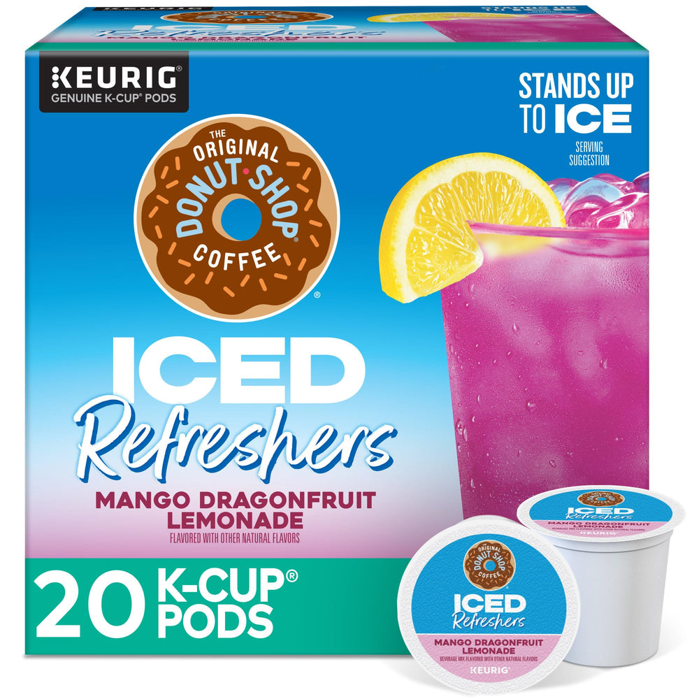 The Original Donut Shop Mango Dragonfruit Lemonade Iced Refreshers cup ready for a refreshing sip