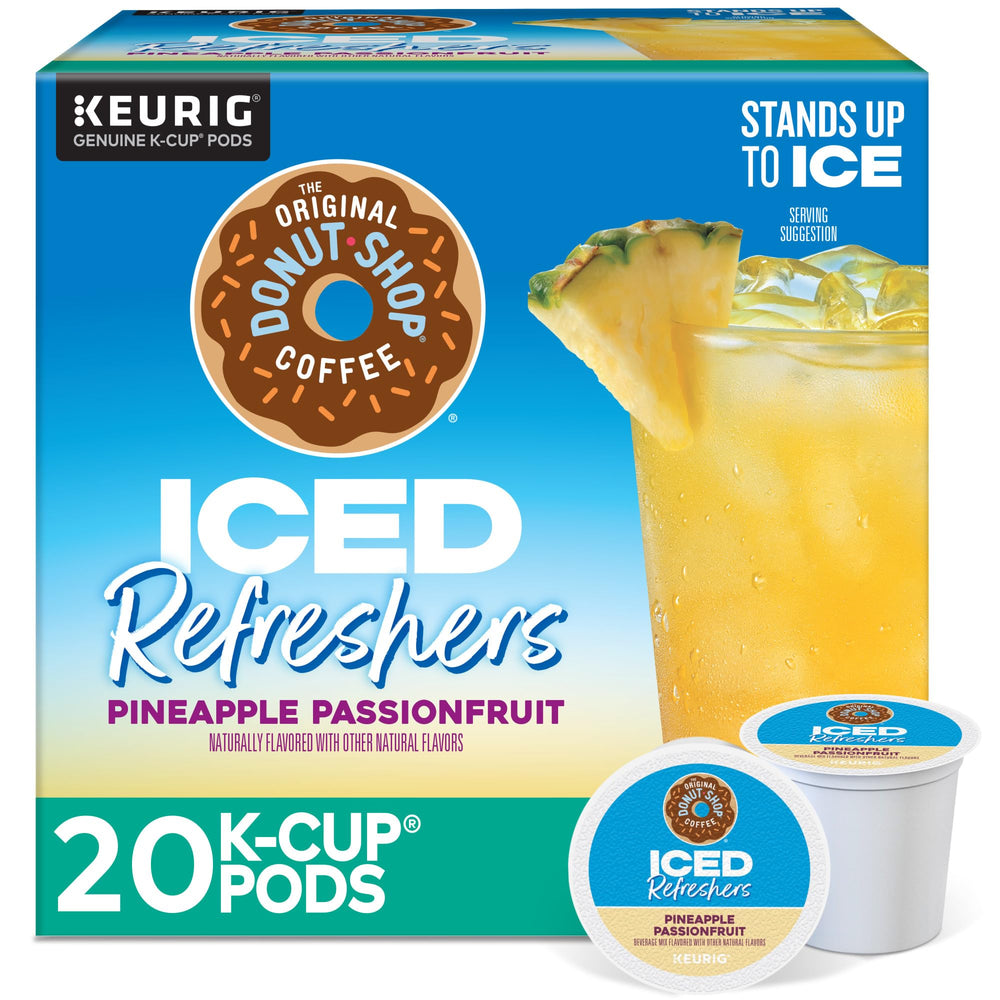 The Original Donut Shop Pineapple Passionfruit iced refreshers pod delivers tropical flavor for Keurig brews.