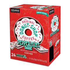 The Original Donut Shop Peppermint Bark K-Cup pods brewed cup, suggesting light roast with minty sweetness.