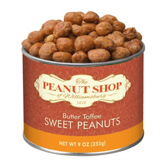 The Peanut Shop of Williamsburg butter toffee peanuts in a tin for gifting and snacking.