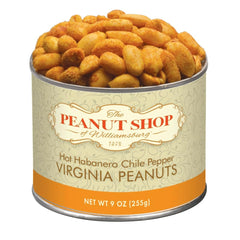 The Peanut Shop of Williamsburg hot habanero peanuts in a 9oz tin, spicy and shareable