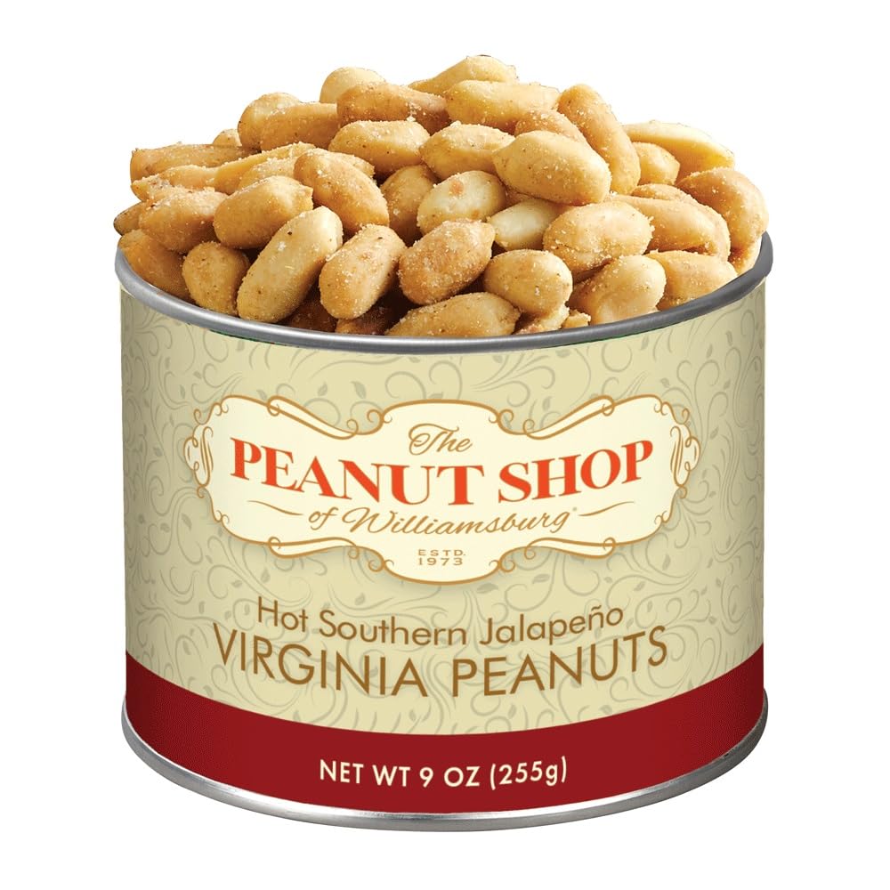 The Peanut Shop of Williamsburg hot jalapeño peanuts in a tin for snacking or gifting