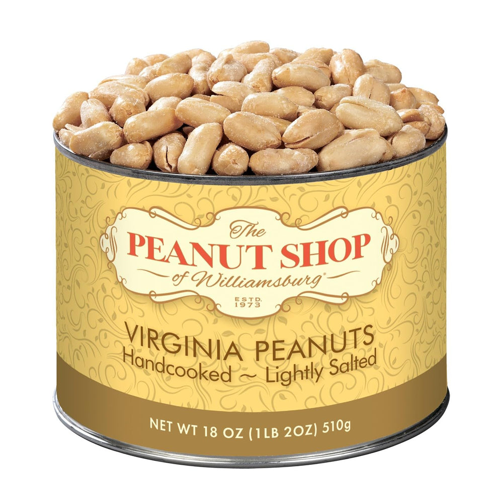 The Peanut Shop of Williamsburg lightly salted Virginia peanuts in a tin, premium snack for gatherings.