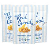 The Real Cereal Company Organic Corn Flakes 3-pack on packaging, crisp and convenient.