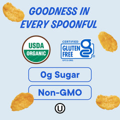 The Real Cereal Company Organic Corn Flakes gluten-free badge on box, gluten-free breakfast option.