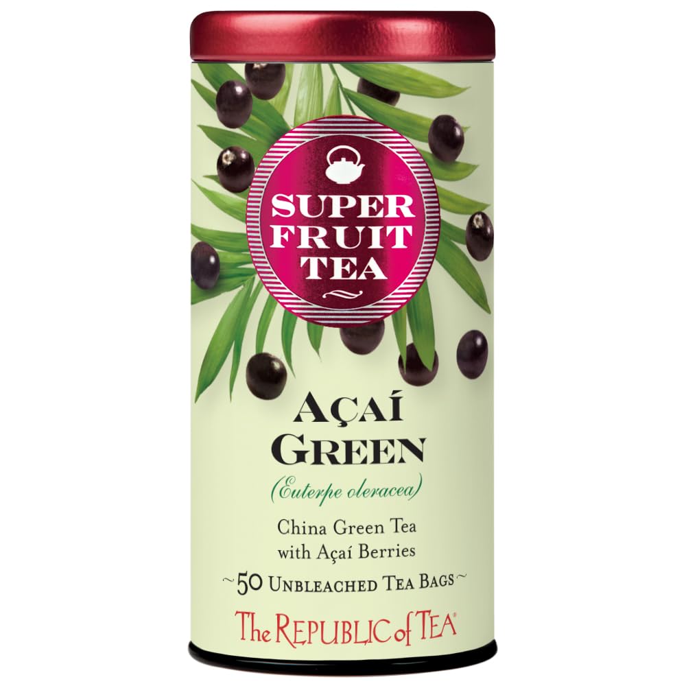 The Republic of Tea Acai Berry Green Tea bags—mild caffeine for a quick pick-me-up