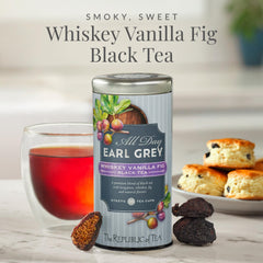 The Republic of Tea All Day Earl Grey tea cup showcasing smoky whiskey-fig notes.