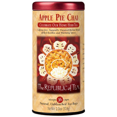 The Republic of Tea Apple Pie Chai tea bags infuse a cozy, caffeine-free aroma.